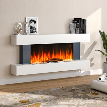 White electric fireplace mantel with flame effect and log bed, 1000W/2000W