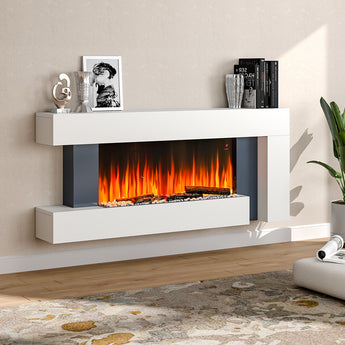 Freestanding electric fireplace with white mantel and dark inset, showing orange flame effect.