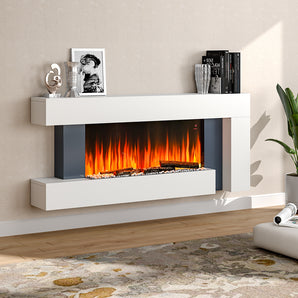 Freestanding electric fireplace with white mantel and dark inset, showing orange flame effect.