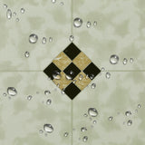 Cream marble-look PVC tile surface with black and gold diamond mosaic and water droplets