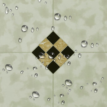 Cream marble-look PVC tile surface with black and gold diamond mosaic and water droplets