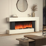 Freestanding electric fireplace with white mantel and dark frame, orange flames visible behind logs.