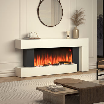 Freestanding electric fireplace with white mantel and dark frame, orange flames visible behind logs.