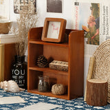 3-tier tabletop wooden storage rack with three open shelves and angled top photo frame
