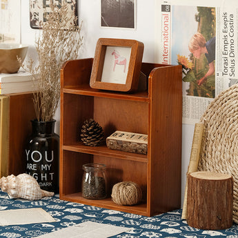 3-tier tabletop wooden storage rack with three open shelves and angled top photo frame