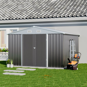 Grey metal storage shed with apex roof, double doors with one side open
