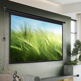 Motorized projector screen with matte black bezel and roller housing