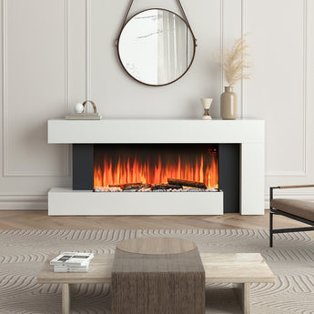 Freestanding electric fireplace with white mantel and dark sides, orange flame burning in insert.