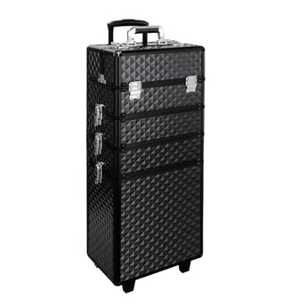 76 cm makeup case, black, quilted diamond pattern, stacked compartments and handle