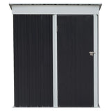 3 x 5 metal storage shed with double doors closed, dark gray panels and white side trim.