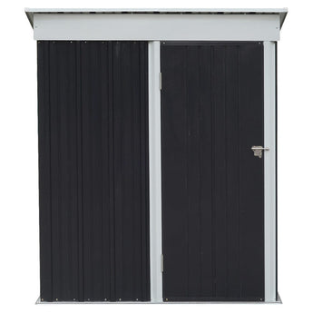 3 x 5 metal storage shed with double doors closed, dark gray panels and white side trim.