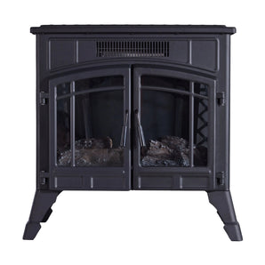 Freestanding electric fireplace heater front view with dark glass doors and log display