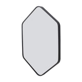 Hexagon bathroom mirror with black frame and clear reflective glass, rounded edges