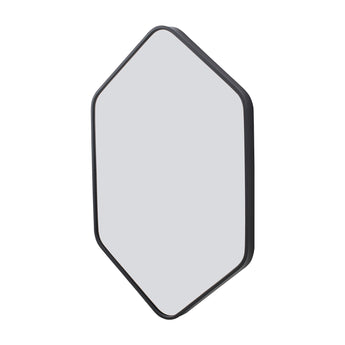 Hexagon bathroom mirror with black frame and clear reflective glass, rounded edges