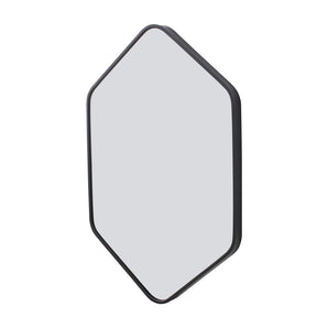 Hexagon bathroom mirror with black frame and clear reflective glass, rounded edges