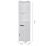 White narrow corner bathroom storage cabinet with open shelves and hinged louver door