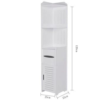 White narrow corner bathroom storage cabinet with open shelves and hinged louver door