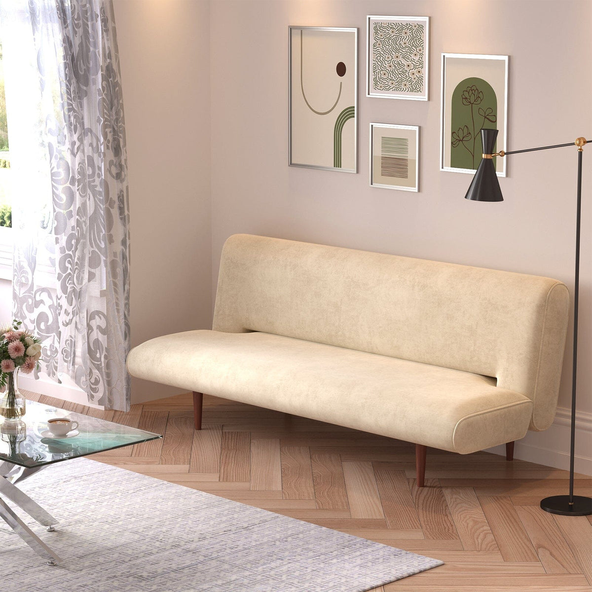 3 Seater Khaki Faux Suede Sofa Bed Click Clack Sofa with Wood Legs