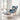Wingback armchair and footstool, blue and gray diamond color-block seat and back cushions