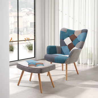 Wingback armchair and footstool, blue and gray diamond color-block seat and back cushions
