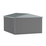 Grey metal storage shed with apex roof, two gable vents, and ribbed panel walls