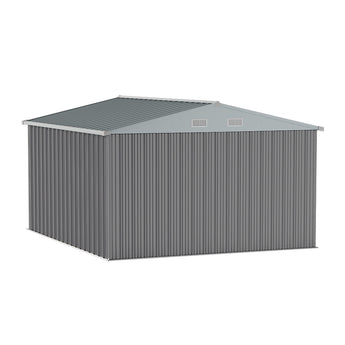 Grey metal storage shed with apex roof, two gable vents, and ribbed panel walls
