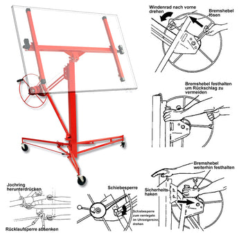 11 ft drywall lifter panel hoist with rolling casters, red frame and safety hardware