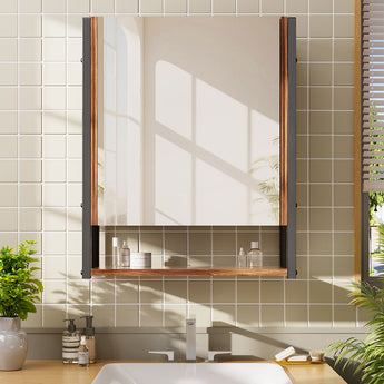 Wall-mounted 3-tier mirror cabinet, dark wood frame and open shelves with glass jars