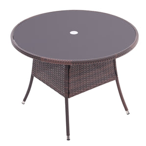 Outdoor round woven table in dark brown with a parasol hole on the tabletop.