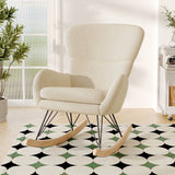Beige faux wool upholstered rocking chair with curved arms and rounded back, black metal base