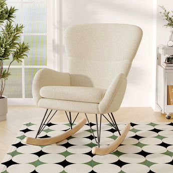 Beige faux wool upholstered rocking chair with curved arms and rounded back, black metal base