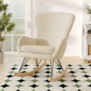 Beige faux wool upholstered rocking chair with curved arms and rounded back, black metal base