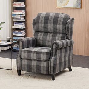 Grey plaid recliner chair with padded arms and adjustable backrest.