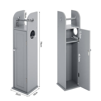 Grey toilet roll cabinet with hinged door, top rail, and internal shelves