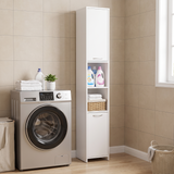 White bathroom storage cabinet with interior shelves and two front cupboard doors