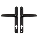 Pair of black lever door handles with keyhole covers and long backplates