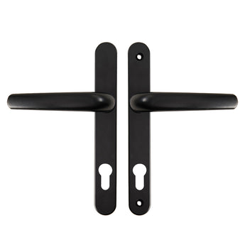 Pair of black lever door handles with keyhole covers and long backplates