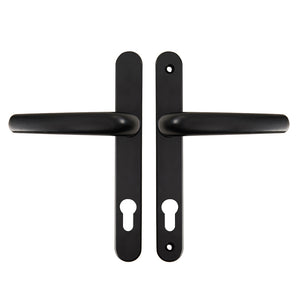Pair of black lever door handles with keyhole covers and long backplates