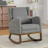 Grey upholstered linen rocking chair with footrest and front storage pocket