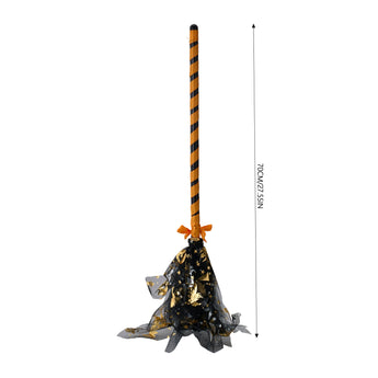 Halloween broom decoration with striped handle and black netted bristles, star pattern