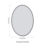 Oval bathroom mirror with black aluminum frame and clear glass, wall mounted