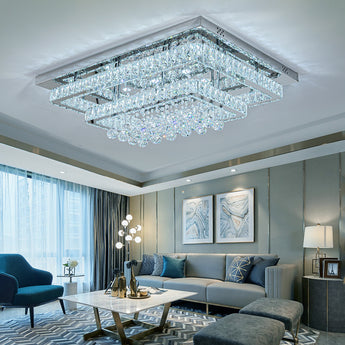 80cm crystal LED flush mount ceiling light with rectangular crystal housing and dangling droplets