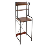 Over-toilet storage rack with three brown shelves, black metal frame, and X-brace sides