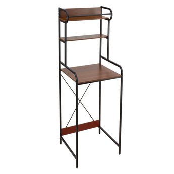 Over-toilet storage rack with three brown shelves, black metal frame, and X-brace sides