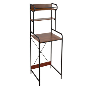 Over-toilet storage rack with three brown shelves, black metal frame, and X-brace sides