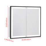 Wall-mounted bathroom LED mirror cabinet with black frame and two mirrored doors