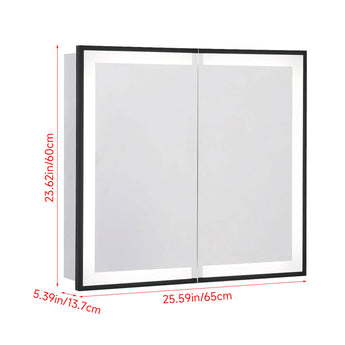Wall-mounted bathroom LED mirror cabinet with black frame and two mirrored doors