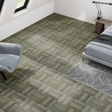 Wood-effect vinyl floor tiles in light sage and cream herringbone pattern, peel-and-stick