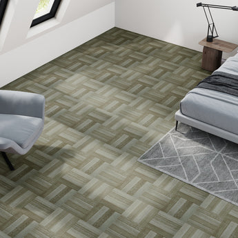 Wood-effect vinyl floor tiles in light sage and cream herringbone pattern, peel-and-stick