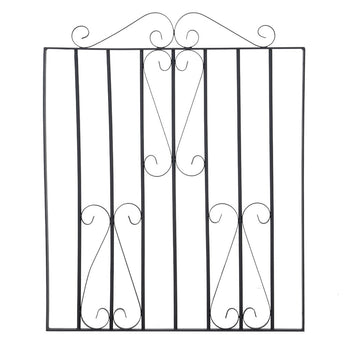 Black metal gate size diagram with scroll top and heart-style center